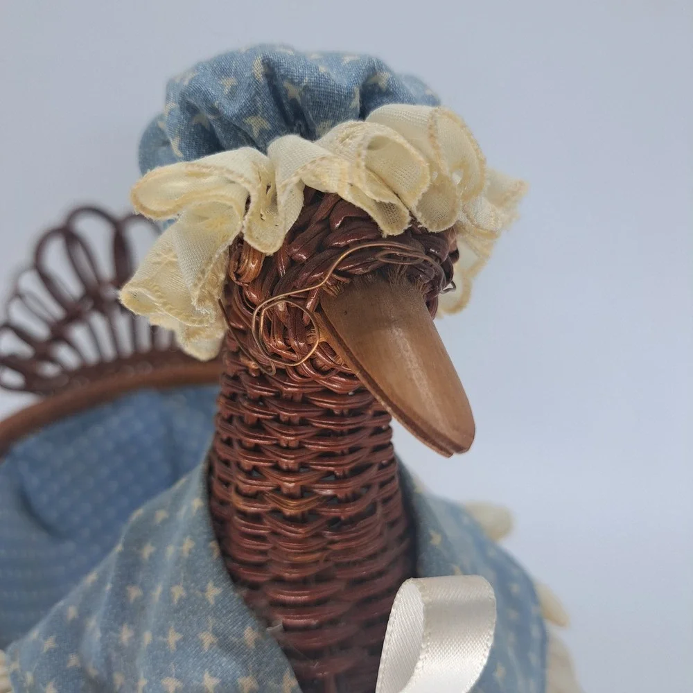 VTG Wicker Goose Basket Mother Goose Bonnet Glasses Blue Fabric Liner Country